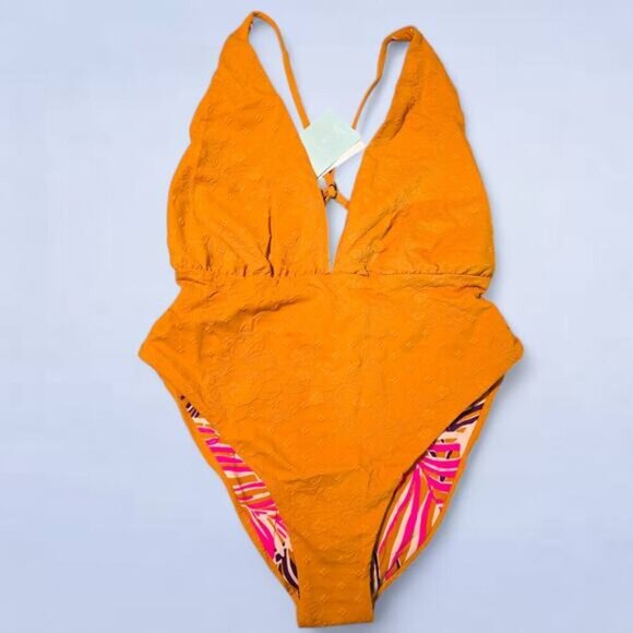 Maaji Reversible Safari Caramel‎ Brown V-Plunge One Piece Swimsuit - Size Large - Picture 2 of 9